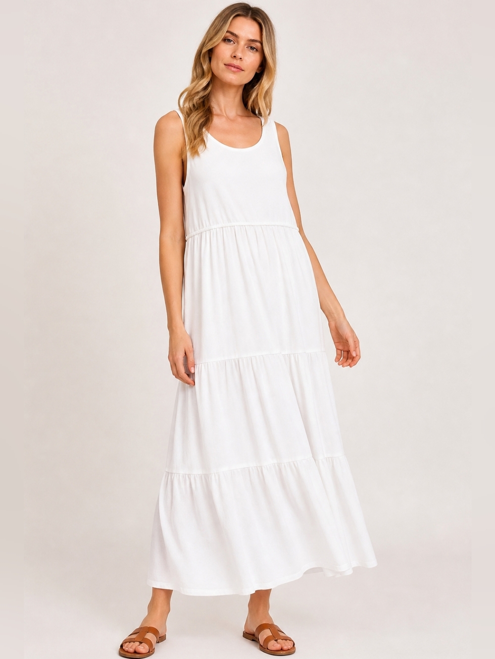 Soft Surroundings White Sleeveless Maxi Tiered Dress Cotton Blend Boho Medium